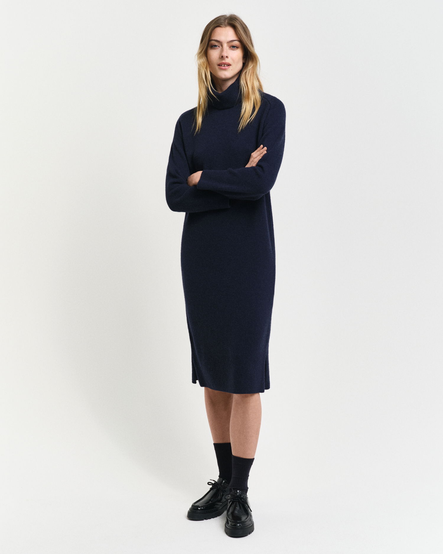 Herringbone Detail Turtleneck Kjole