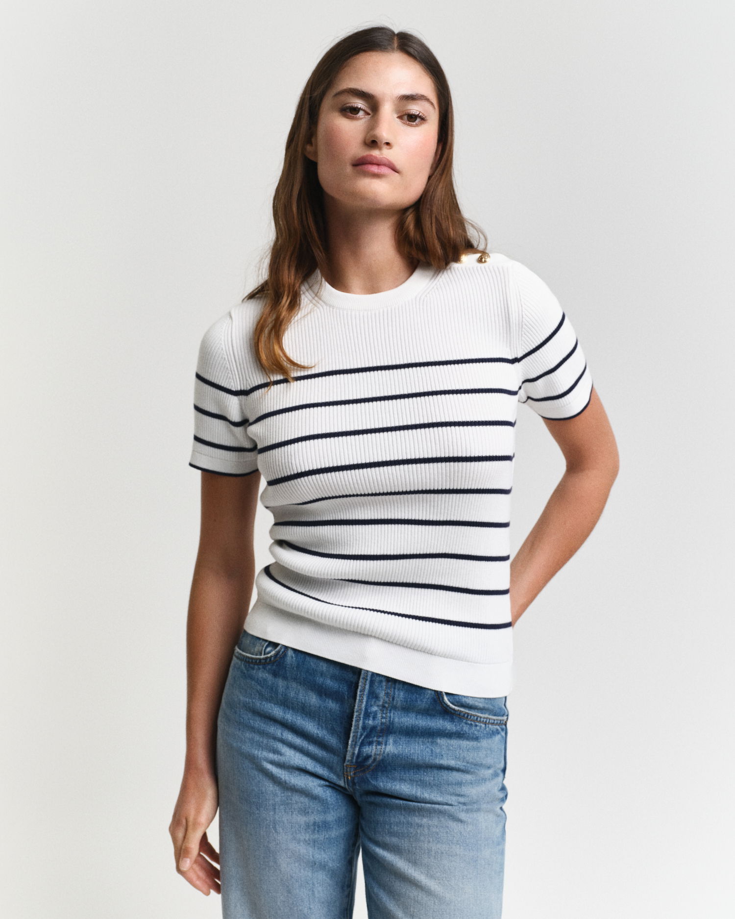Ribbet Breton Genser med rund hals