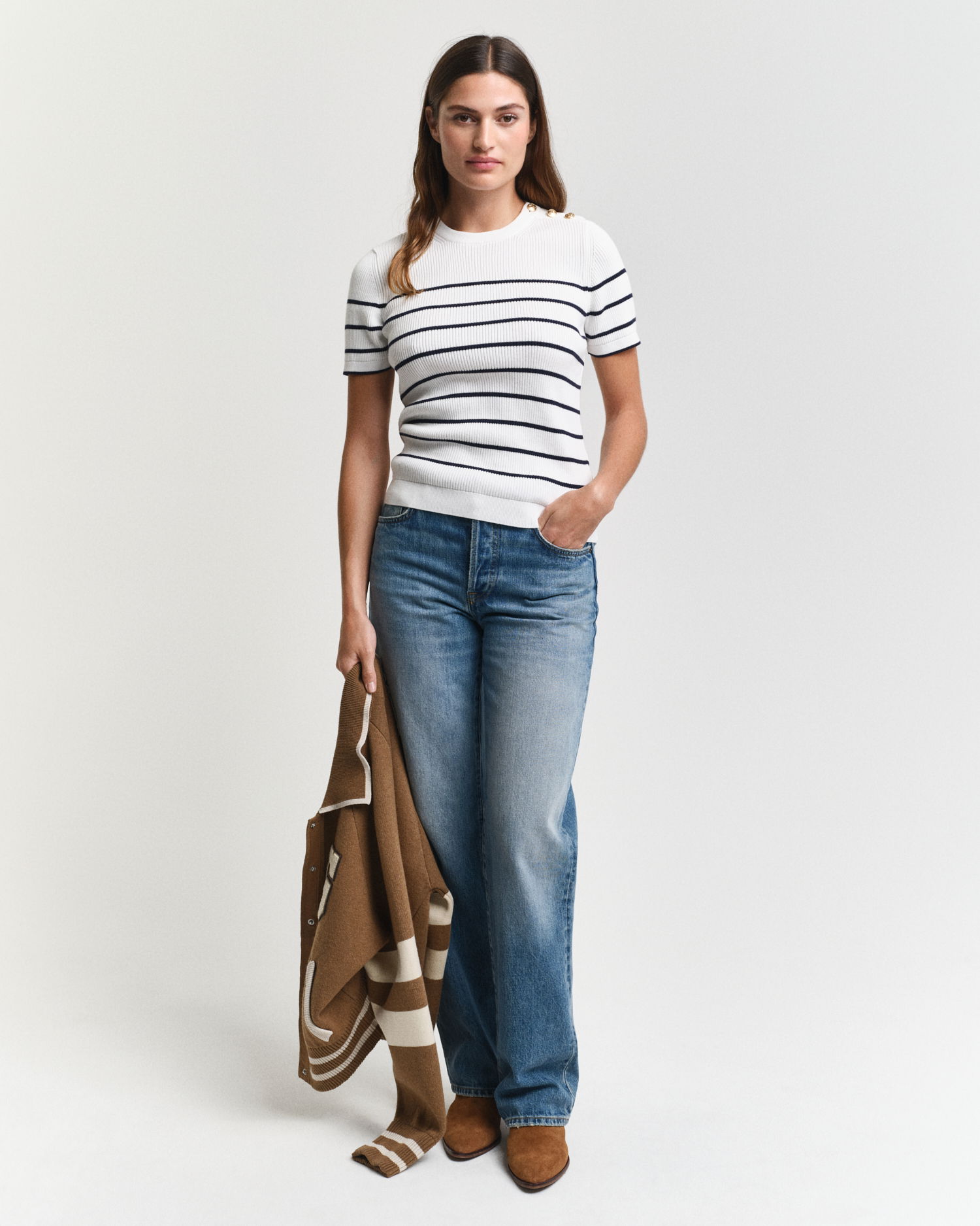 Ribbet Breton Genser med rund hals