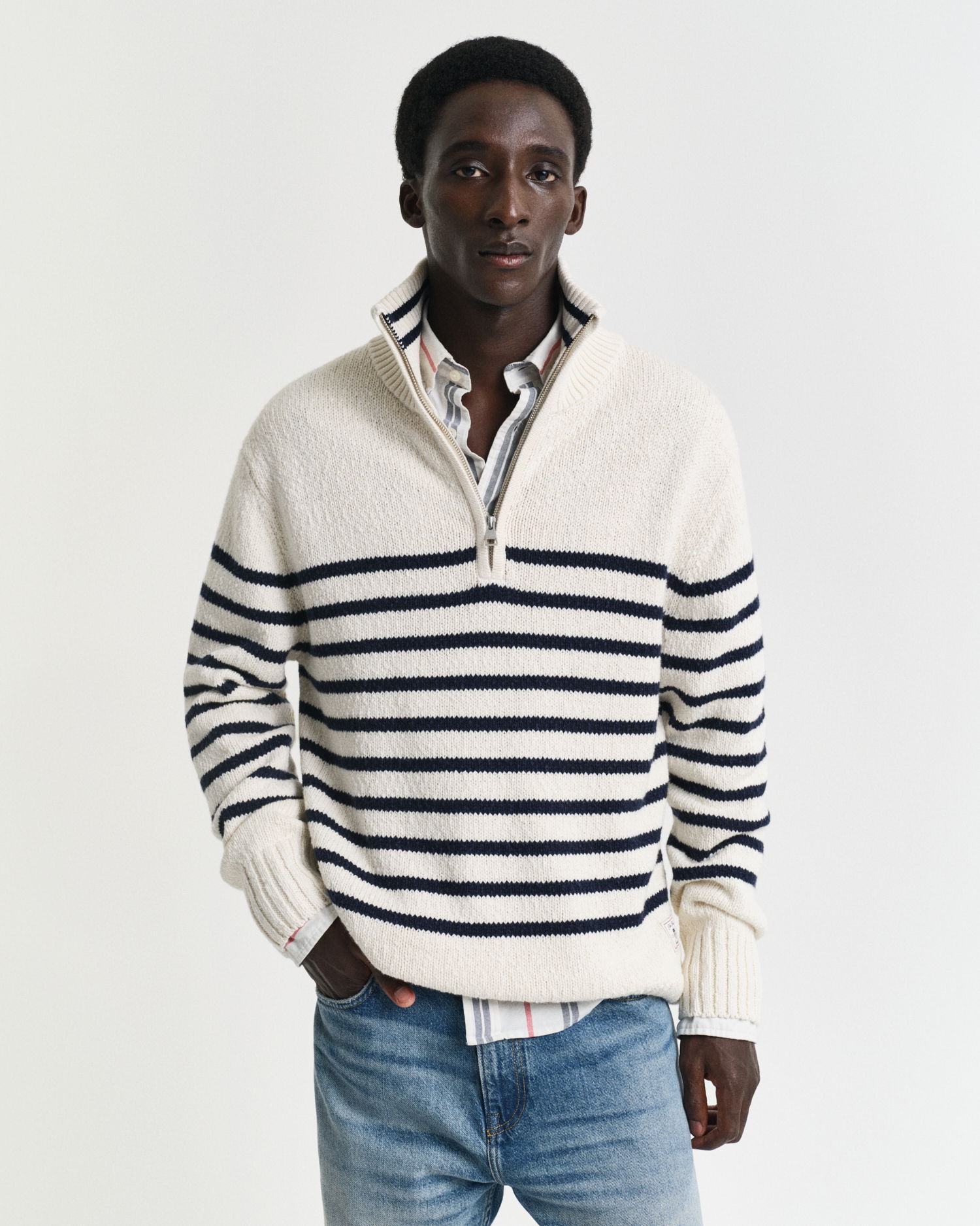 Stripete bomullsgenser med half-zip